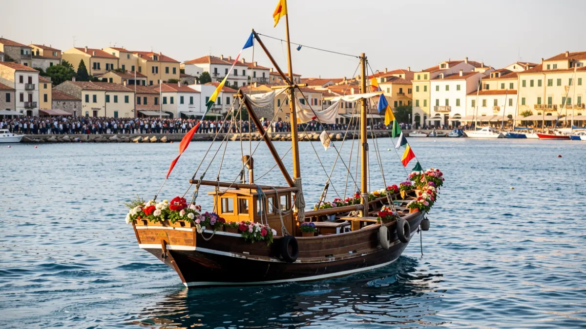 Fishing boat adorned with flowers and flags sailing near the port of Cambrils.