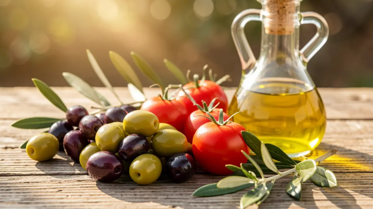 Generic image of Mediterranean diet products on a wooden table.