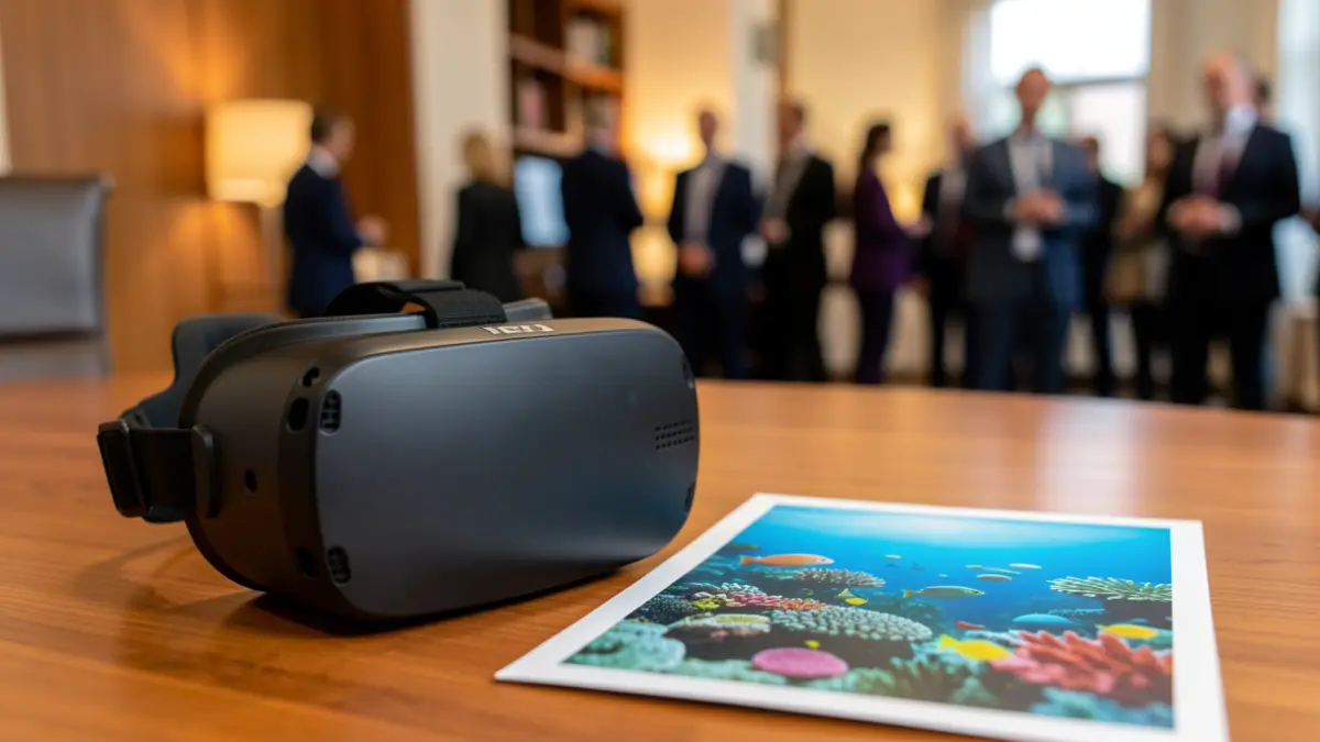 Virtual reality goggles on a table in a tourist office.