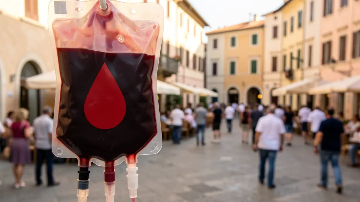 Bolsa de sangre con el símbolo de una gota roja, en un entorno urbano.