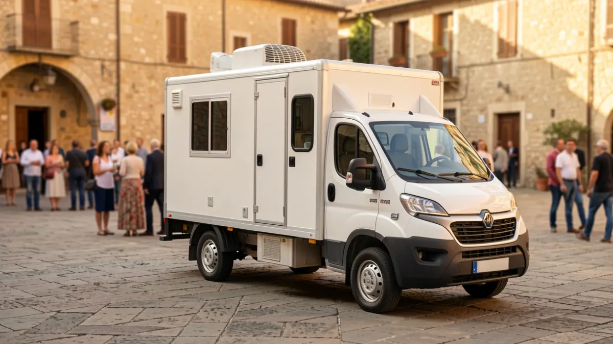 Generic image of a science outreach truck in a village square.