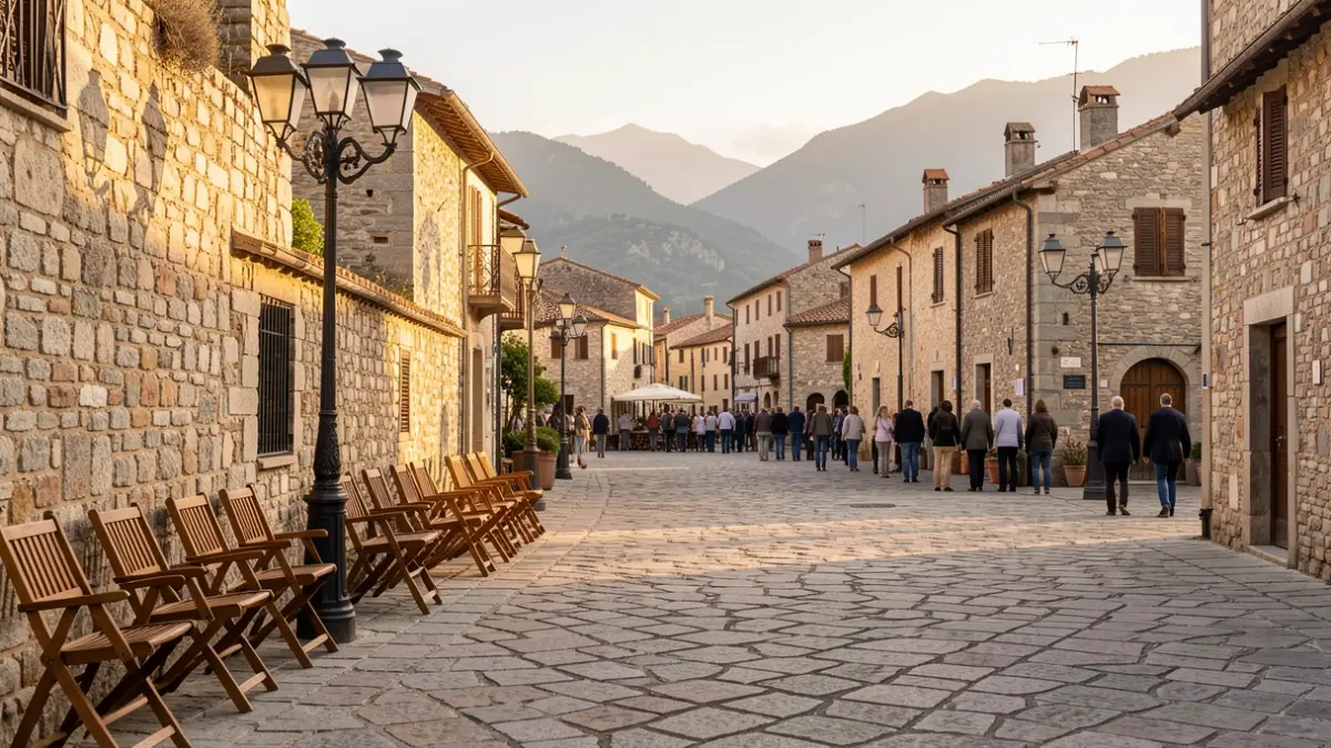 Stone-paved village square with empty chairs under the sunset light.
