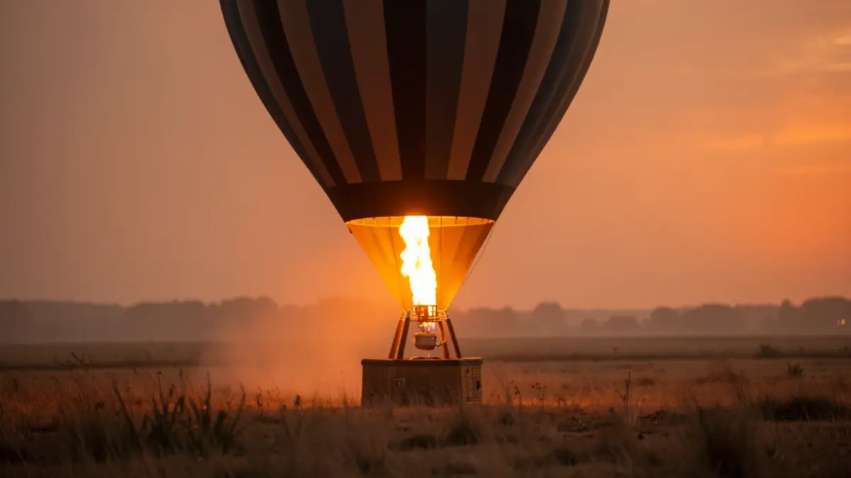 Globus aerostàtic amb el cremador encesa sobre un camp sec al capvespre, amb un cel taronja per risc d'incendi.
