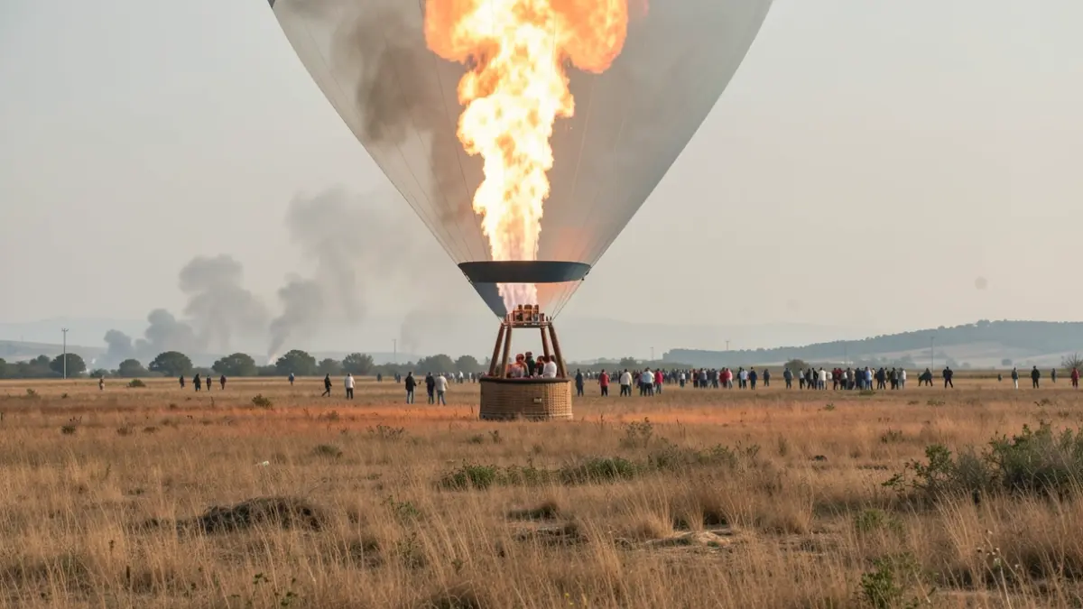 Imagen genérica de globo aerostático con llama sobre campo seco por riesgo de incendio.