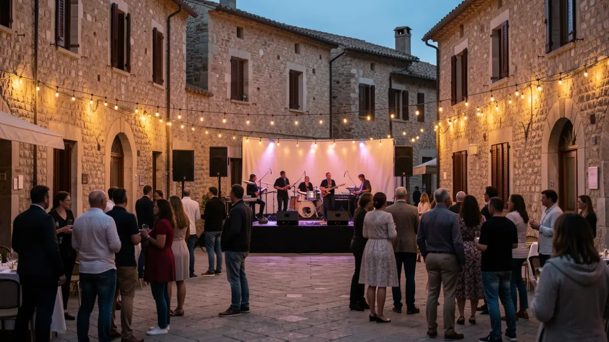 Generic image of a Mediterranean plaza illuminated by warm lights during an outdoor concert.