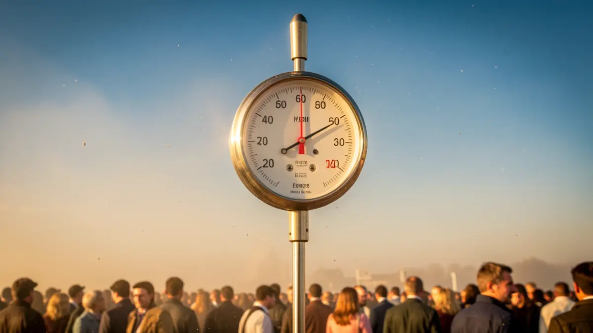 Termómetro que marca temperaturas extremas con cielo turbio por polvo en suspensión.