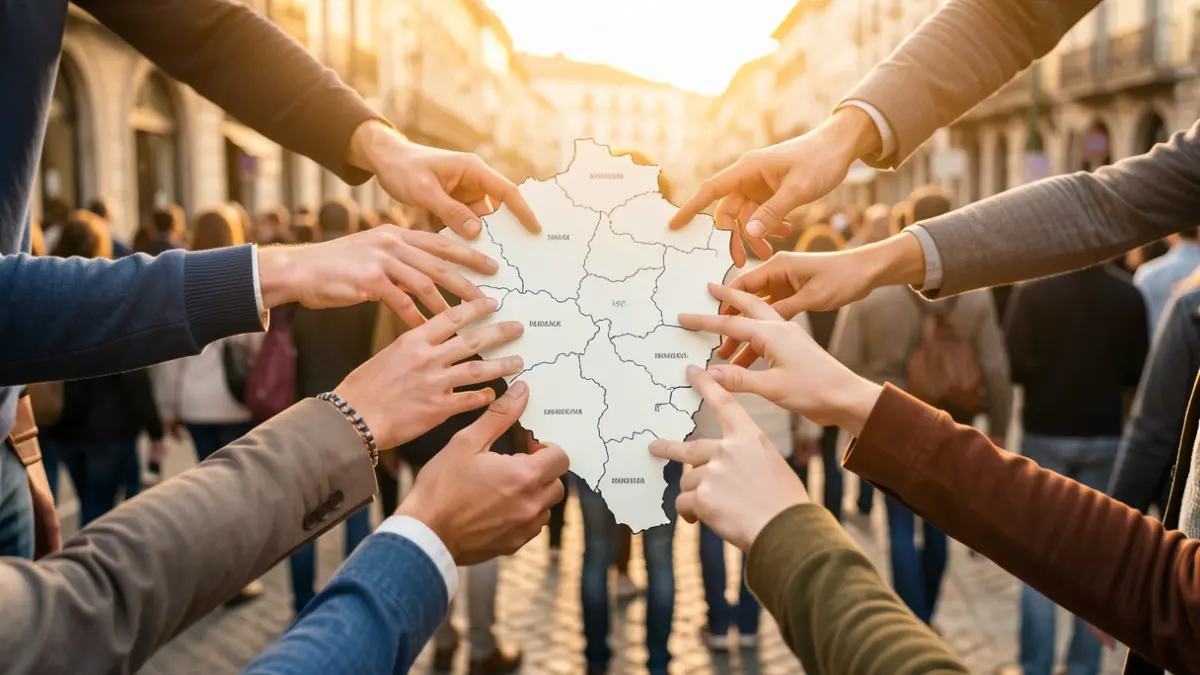 Generic image of diverse hands interacting with a map of Catalunya.