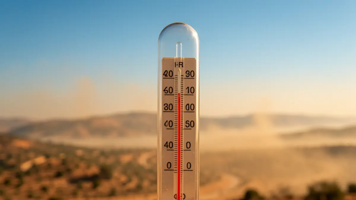Termómetro con alta temperatura y cielo turbio por polvo sahariano sobre Cataluña.