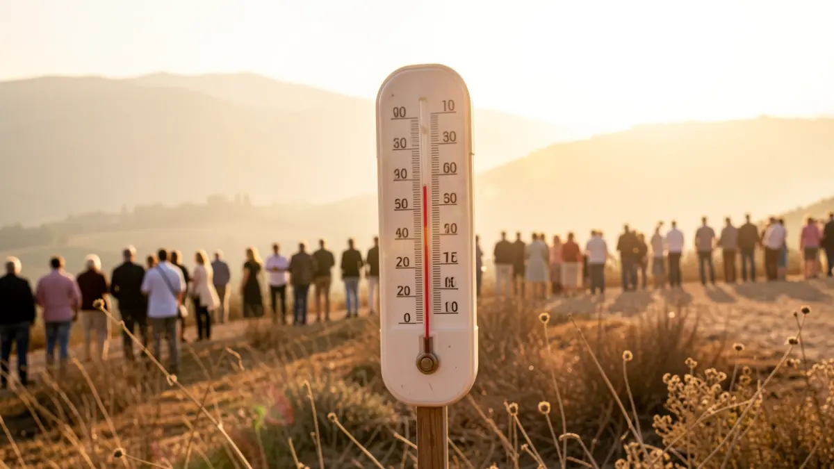 Termòmetre marcant alta temperatura amb paisatge mediterrani ennuvolat pel sol.