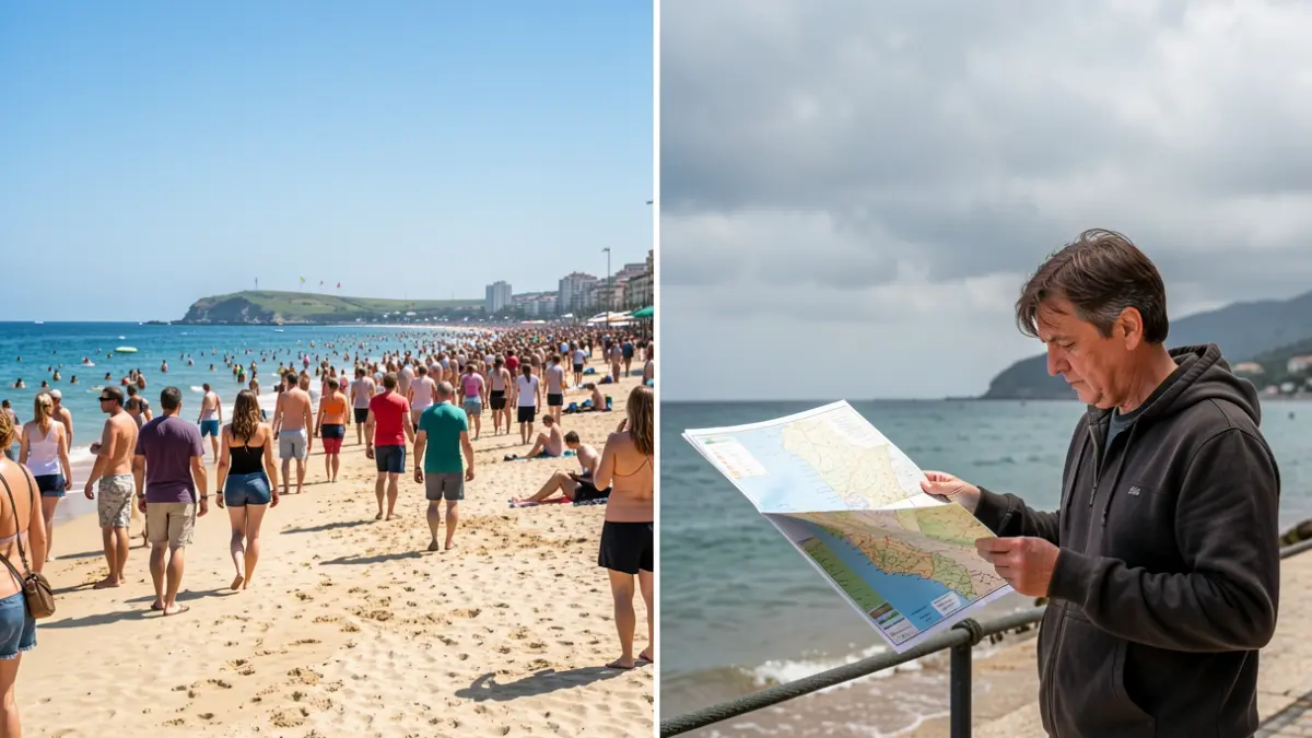 Imatge dividida: turistes estrangers en una platja i una persona catalana mirant un mapa de Catalunya.