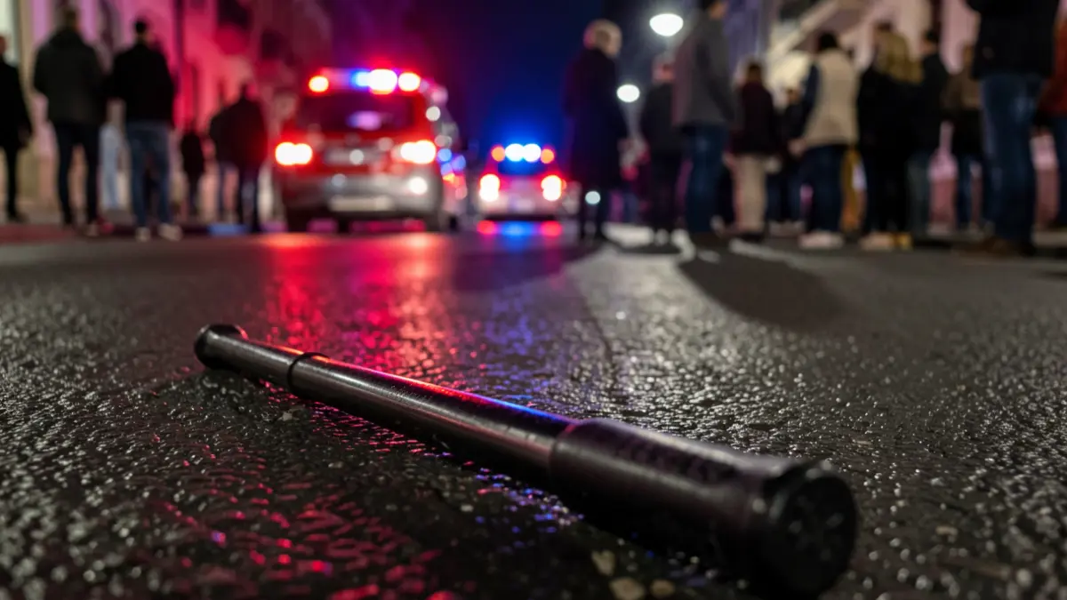 Imatge genèrica de una porra de policia sobre asfalt mullat a la nit.