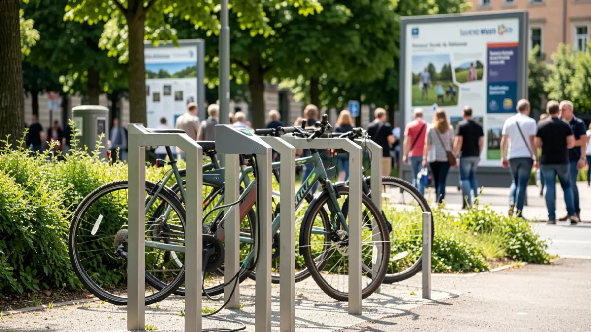 Generic image of a bicycle parking rack with charging points for electric bikes.