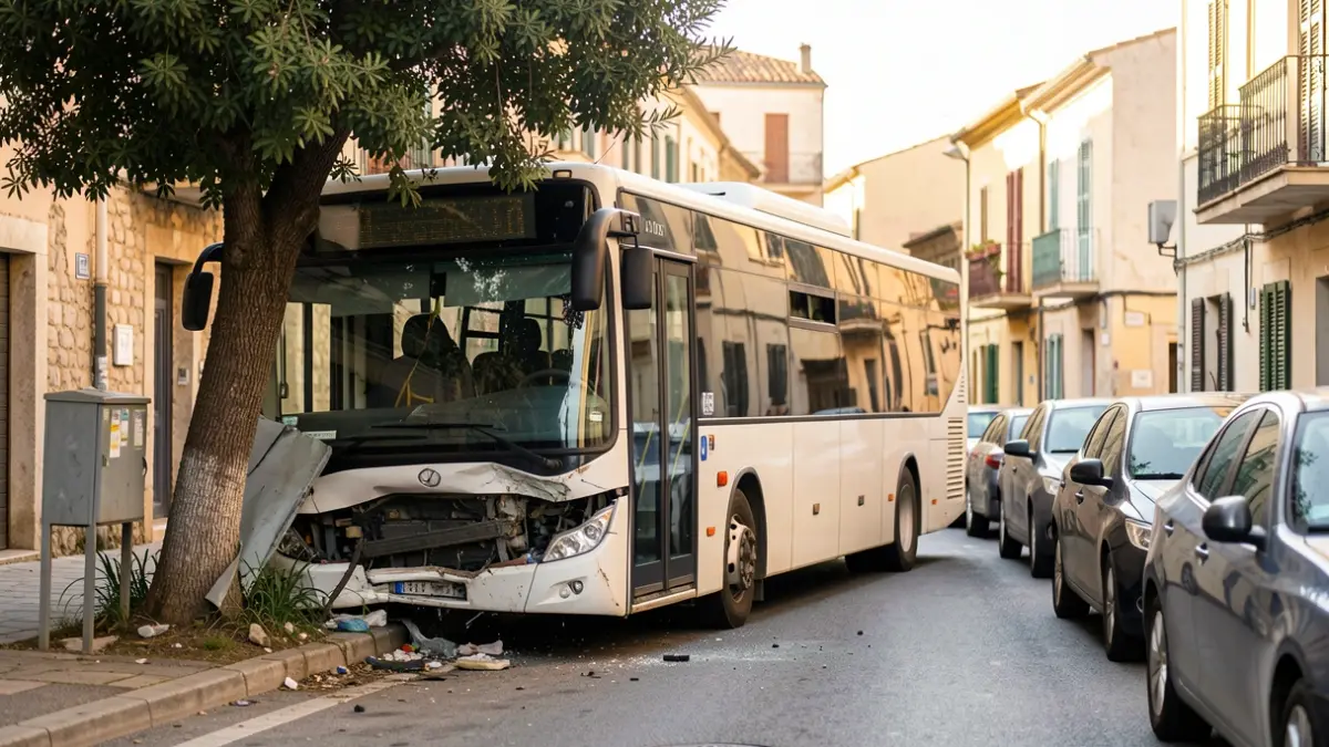 Autobús urbà accidentat contra un arbre i cotxes aparcats a Cerdanyola del Vallès.