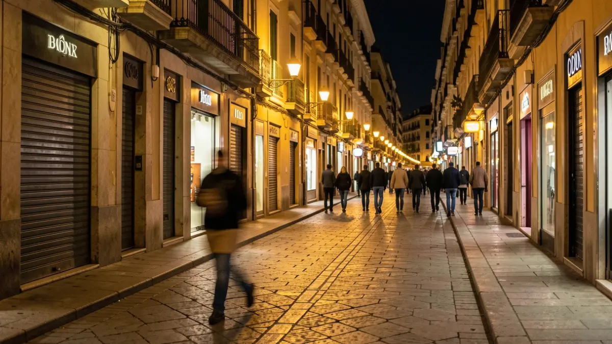 Generic image of a street in the El Born neighborhood of Barcelona at night.