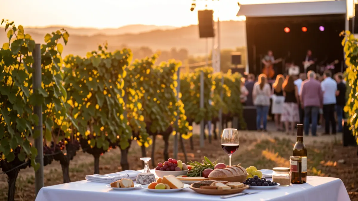 Paisaje de viñedos en el Empordà al atardecer con una mesa de productos locales y una copa de vino.