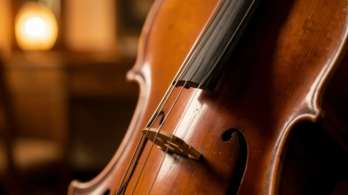 Primer plano de un violonchelo, con cuerdas y diapasón visibles, iluminado con luz cálida.