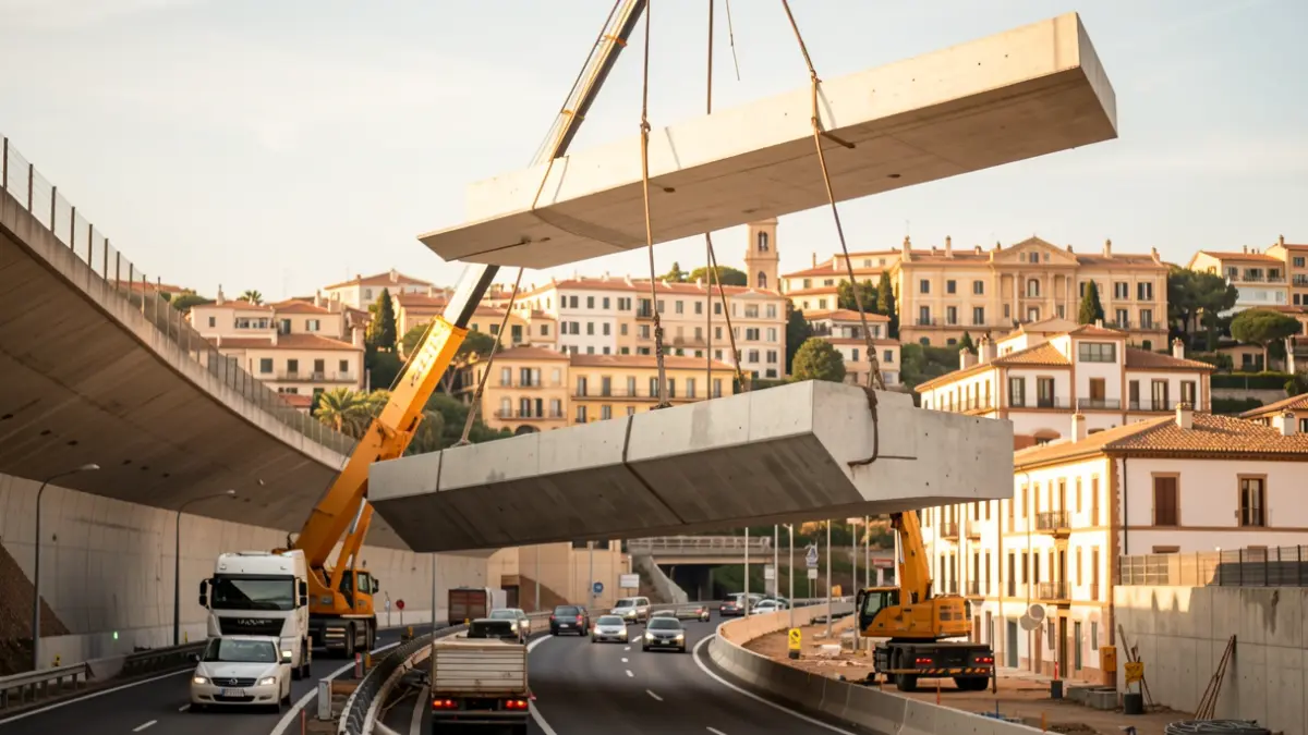 Concrete roof piece being placed by a crane on the Ronda de Dalt.