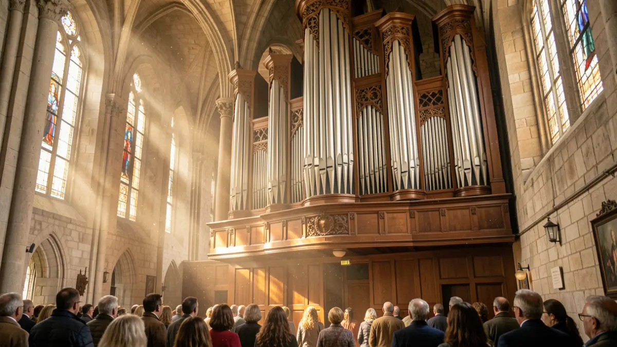 Interior d'una església amb un orgue històric a Catalunya.