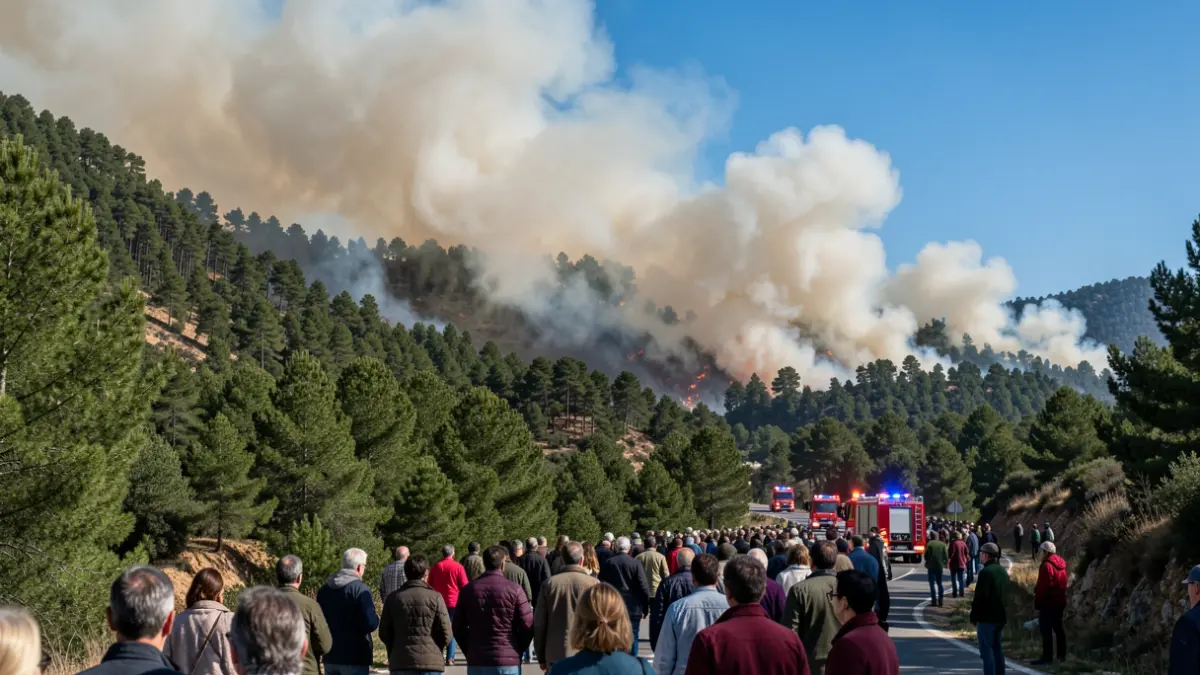 Imatge d'un incendi forestal a prop de Masllorenç amb fum i vehicles d'emergència.