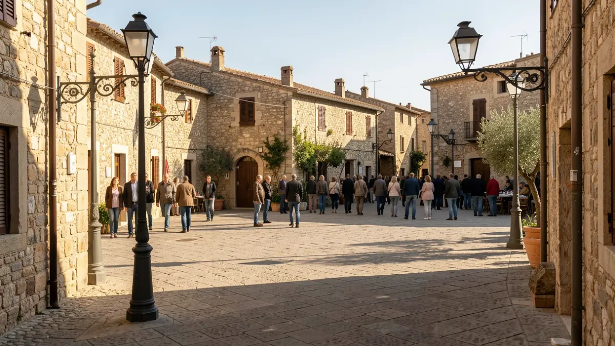 Escena d'una plaça de poble en un ambient de festa major.