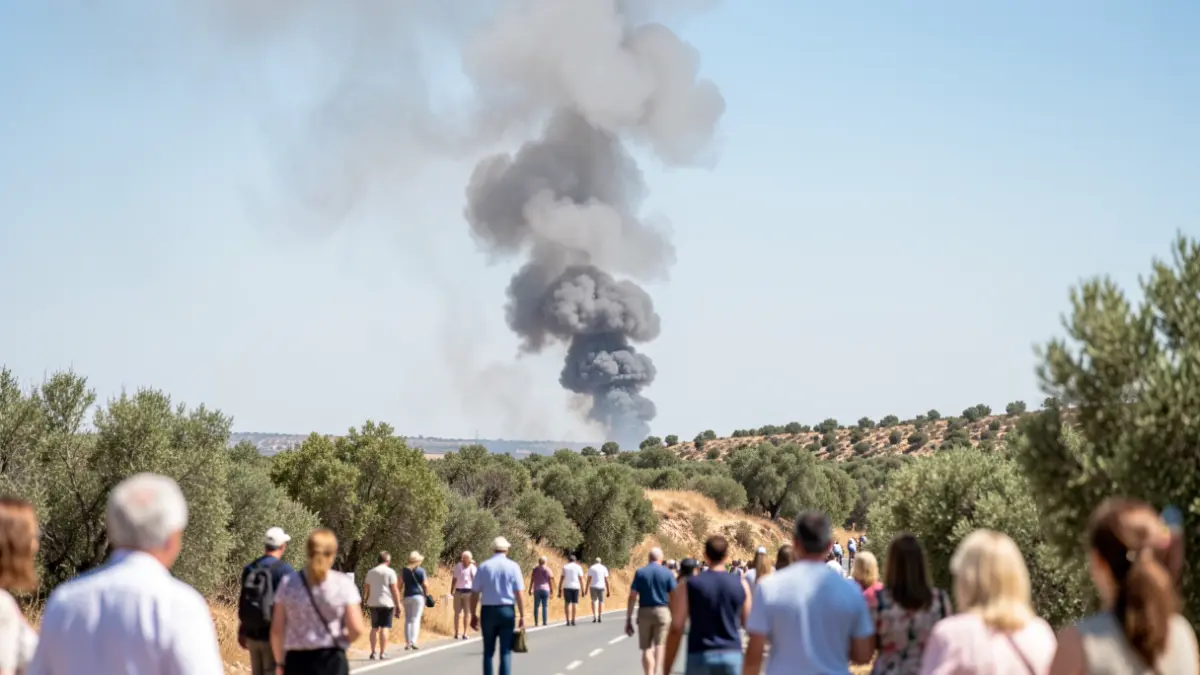 Columna de humo en una zona de vegetación cercana a una carretera.