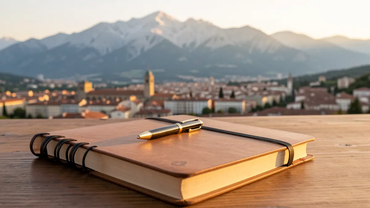 Generic image of a journalist's notebook with a pen and a background evoking the Pyrenees mountains and the city of Lleida.