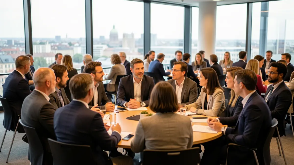Generic image of professionals discussing at a social forum.