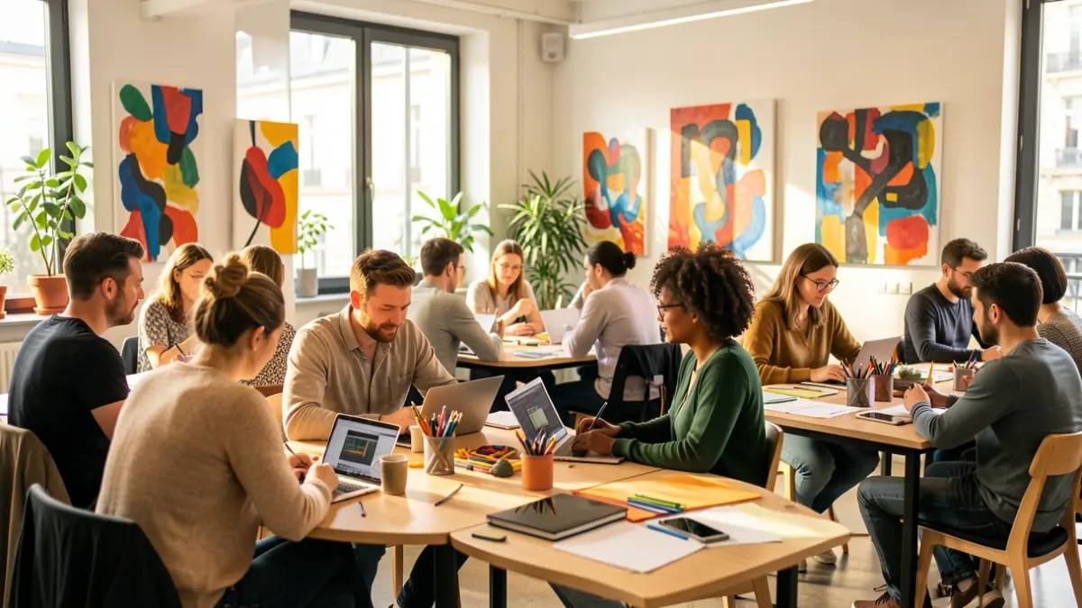 Espai de coworking creatiu amb emprenedors treballant.