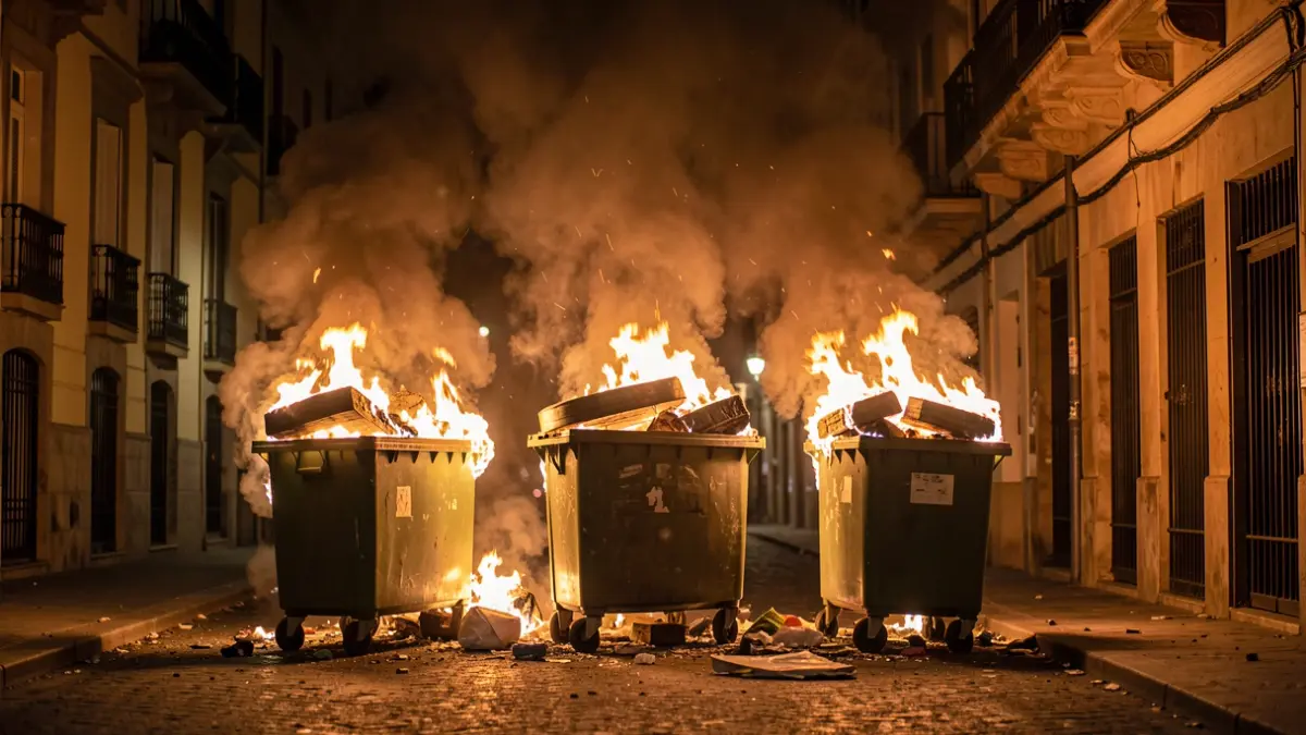 Imatge genèrica de contenidors en flames al carrer de nit.