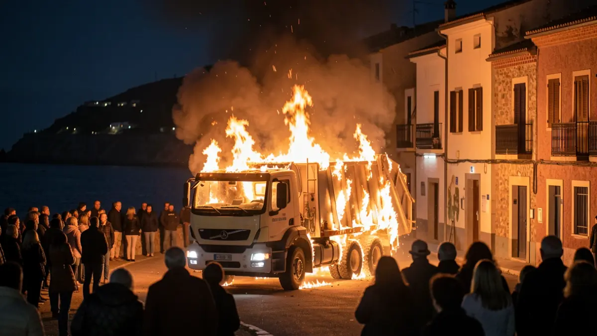 Un camió d'escombraries en flames a la nit a Llafranc.