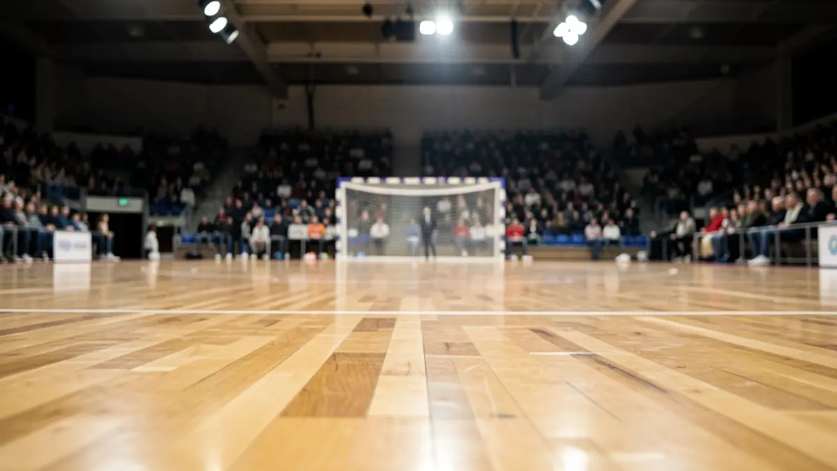 Pista de balonmano vacía con luces de estadio.