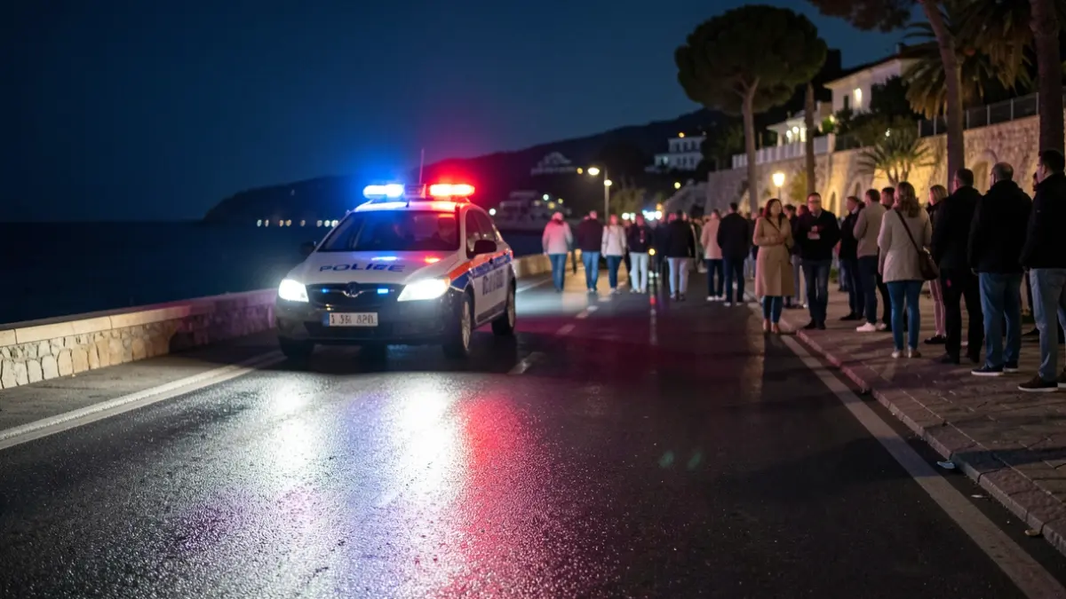 Generic image of police lights reflecting on wet asphalt near the coast.