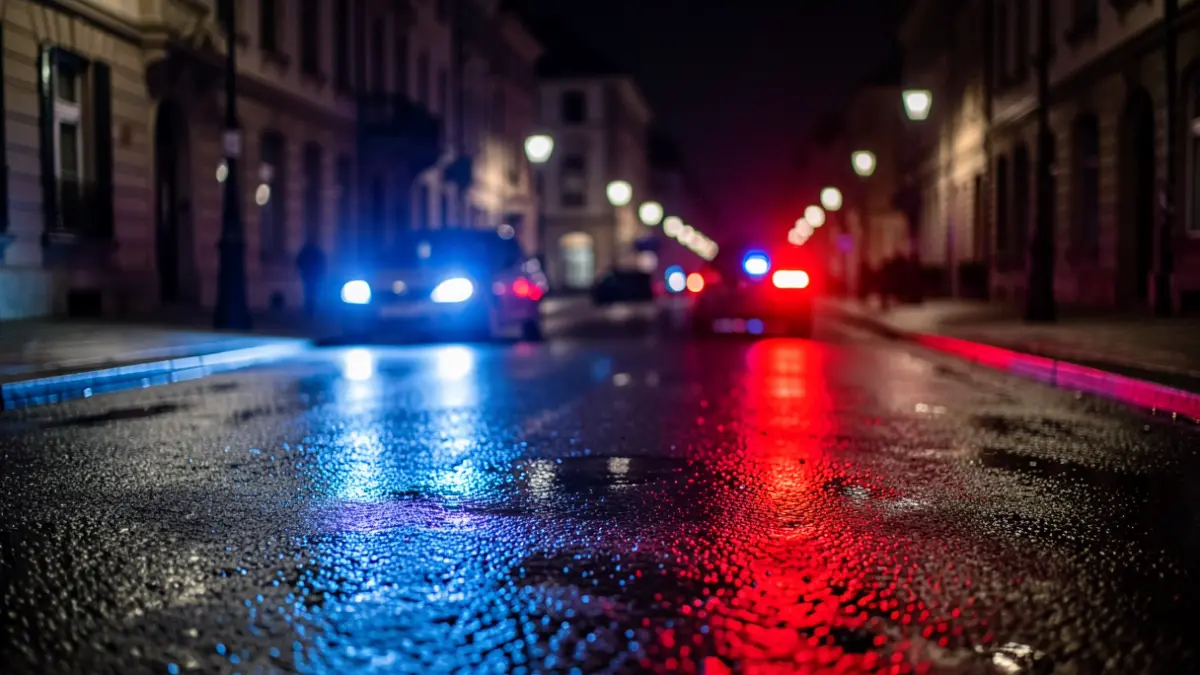 Generic image of police emergency lights reflecting on wet asphalt.