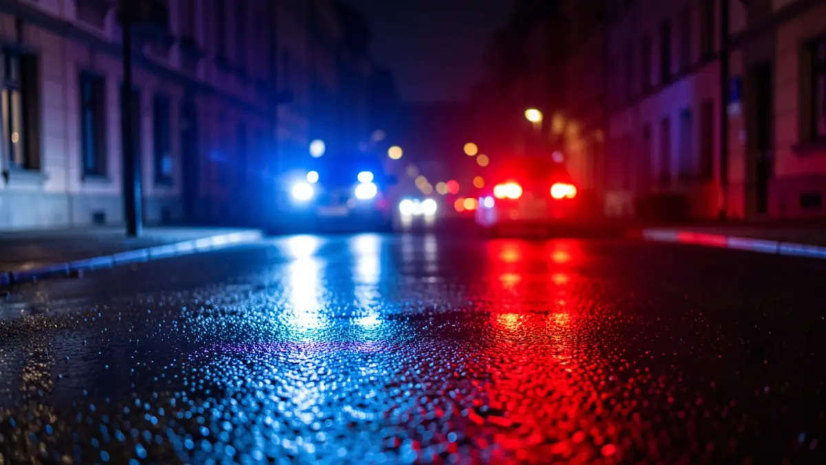 Imatge genèrica de llums d'emergència policials reflectides en asfalt mullat.