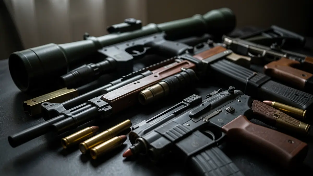 Arsenal d'armes i munició confiscat en una operació policial.