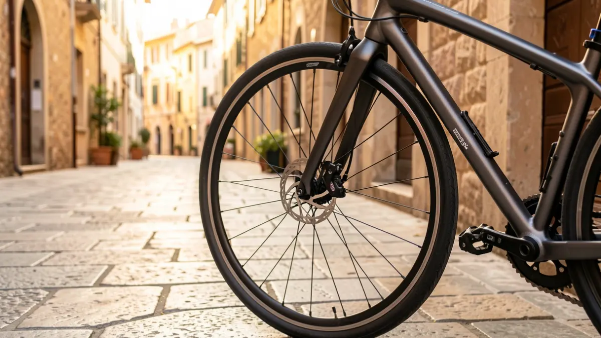 Imagen genérica de una bicicleta de alta gama aparcada en una calle empedrada.