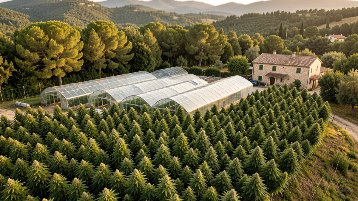 Vista aérea de una gran plantación de marihuana oculta en una zona boscosa de Tivissa.
