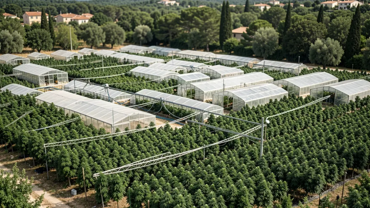 Imatge d'una gran plantació de marihuana amb hivernacles.