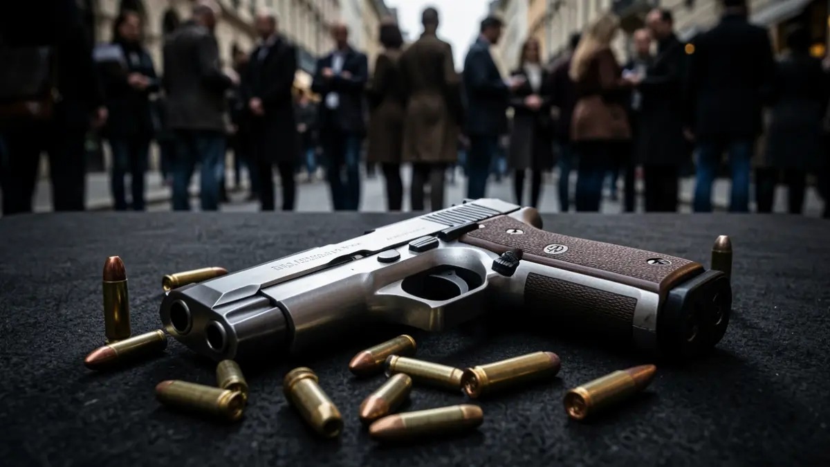 Imatge d'una pistola desmuntada amb bales al voltant.