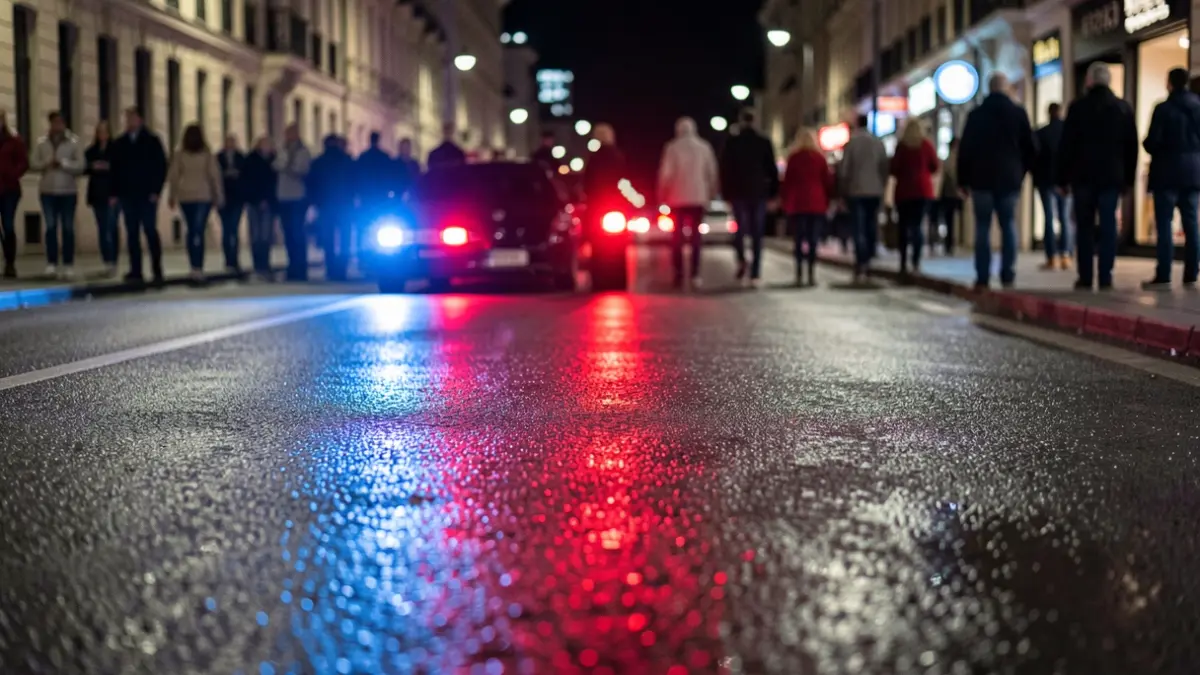 Generic image of police emergency lights reflected on asphalt.