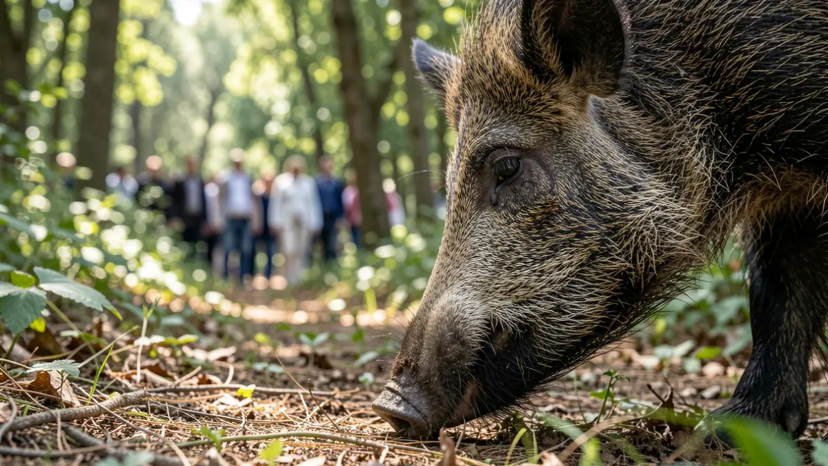 Primer plano del hocico de un jabalí en un bosque mediterráneo.
