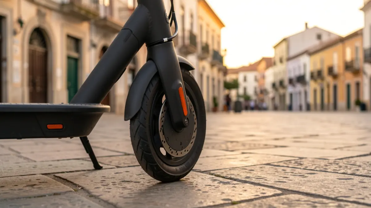 Wheel of an electric scooter parked on a street in Tarragona at dusk.