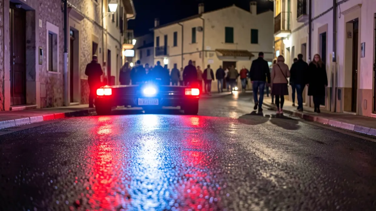 Imagen genérica de luces de emergencia policiales reflejadas en el asfalto durante la noche.