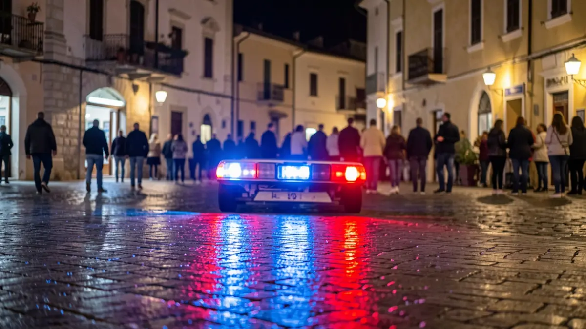 Luces de emergencia policial reflejadas en el pavimento de una plaza de noche.