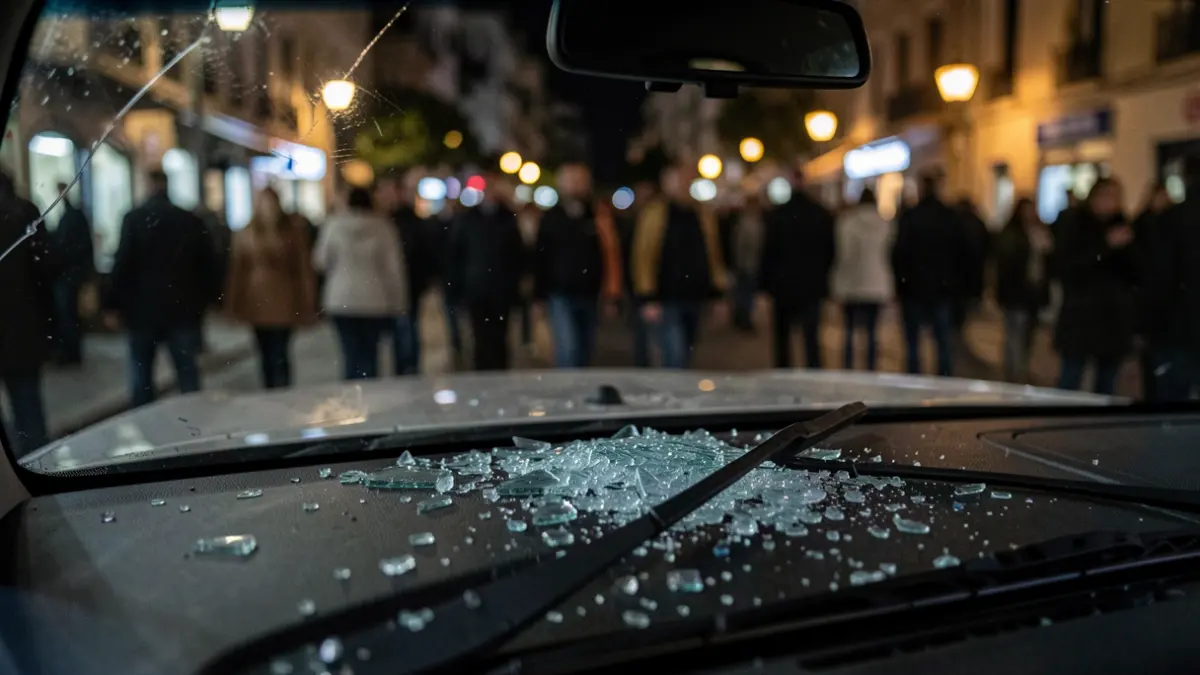 Imatge genèrica d'un vidre trencat d'un cotxe amb llums de carrer al fons.