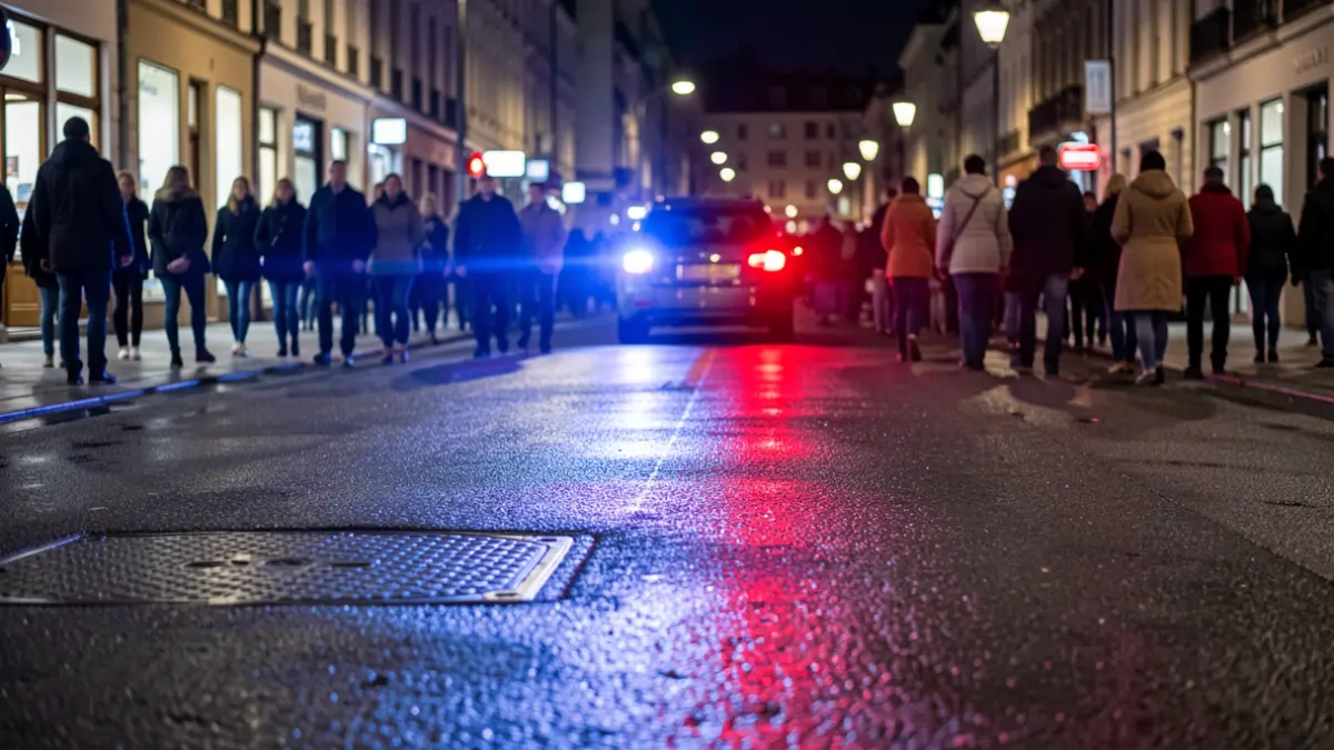 Imagen genérica de luces de emergencia policiales reflejándose en asfalto mojado por la noche.