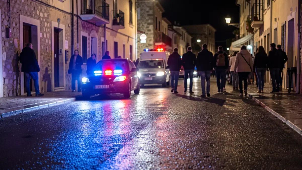 Imagen genérica de luces de emergencia policiales reflejándose en asfalto mojado por la noche.