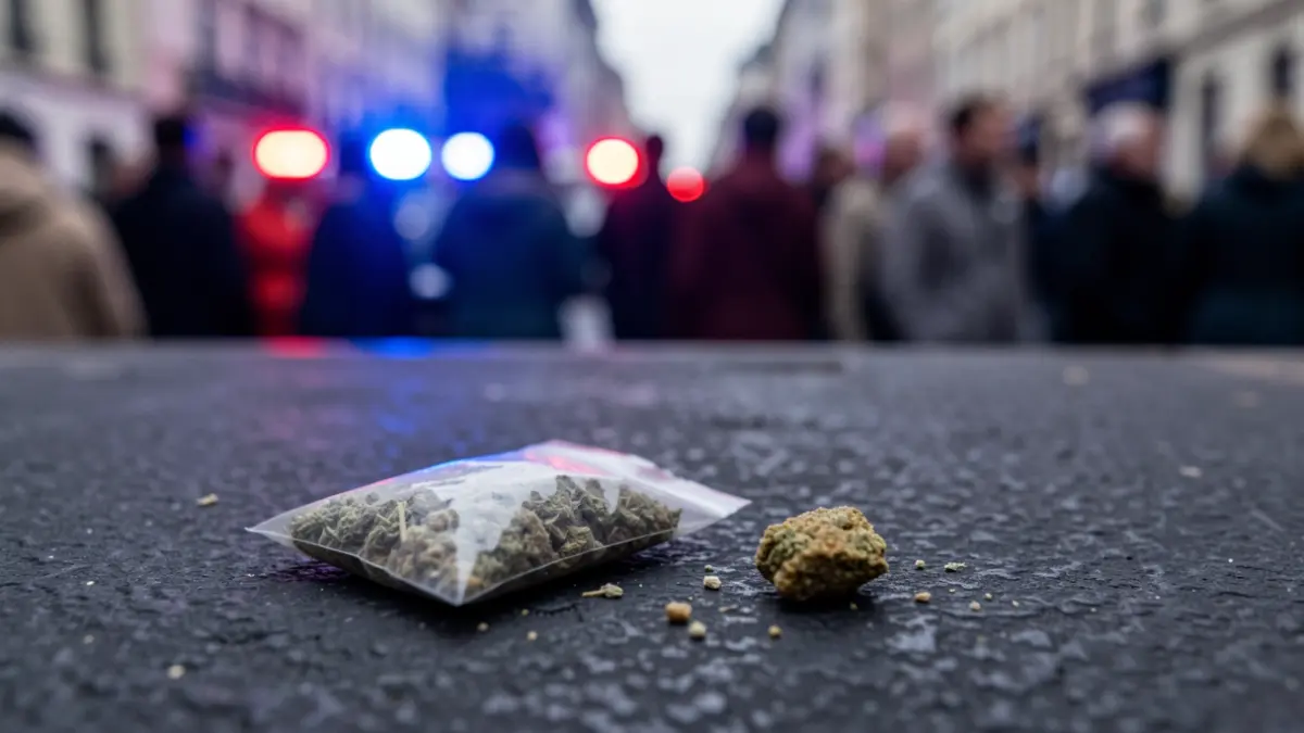 Imatge genèrica de drogues intervingudes amb llums d'emergència al fons.