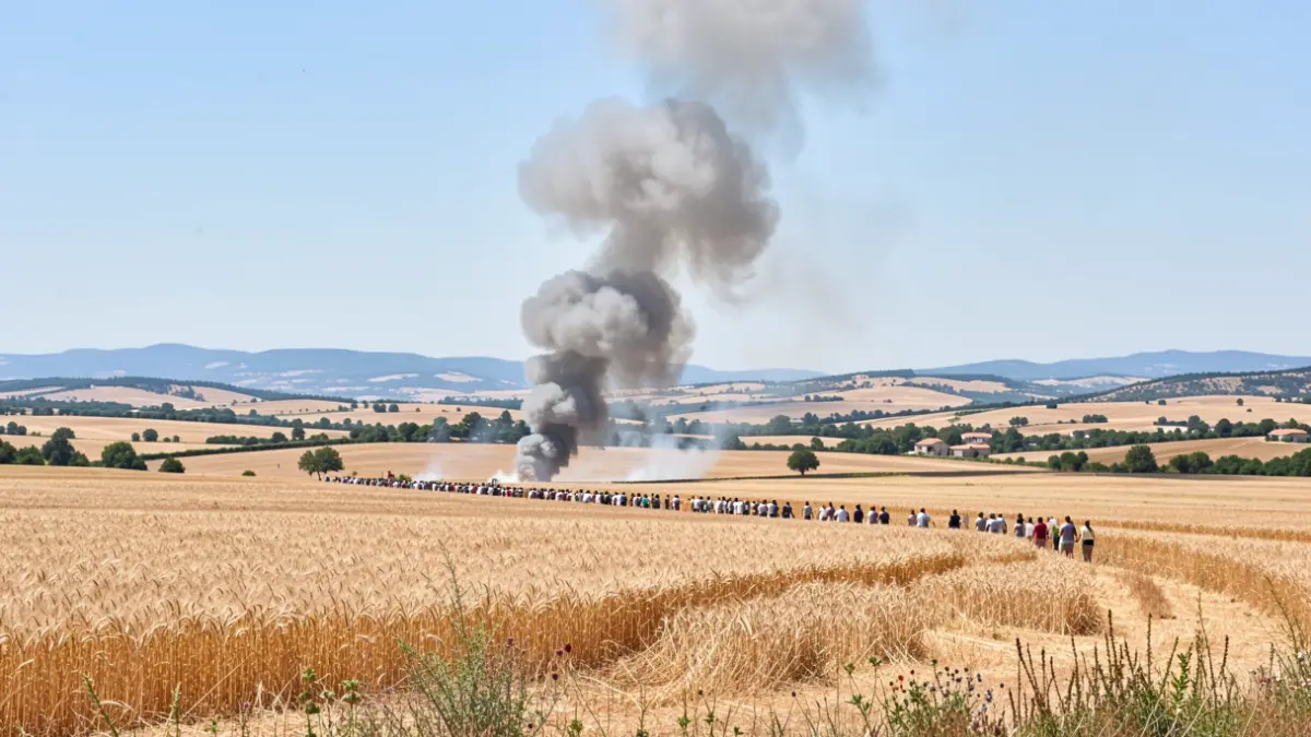 Columna de fum sobre camps de conreu a la Segarra durant un incendi forestal.