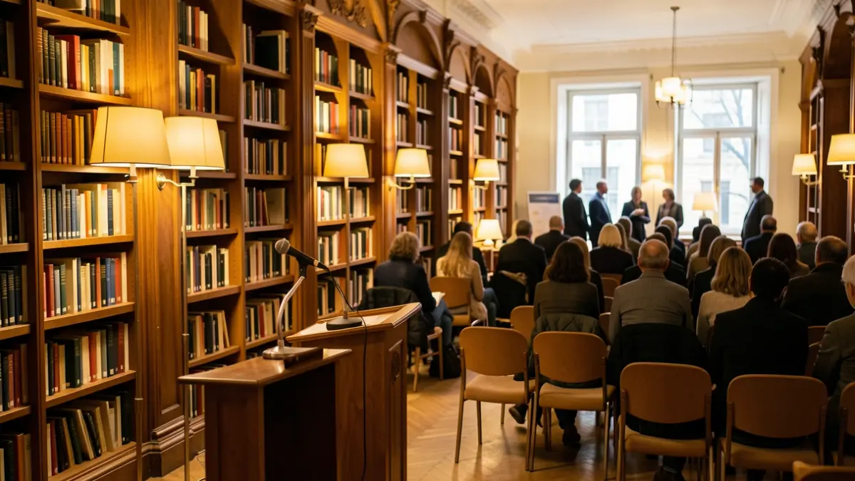 Generic image of a conference room with a microphone and bookshelves.